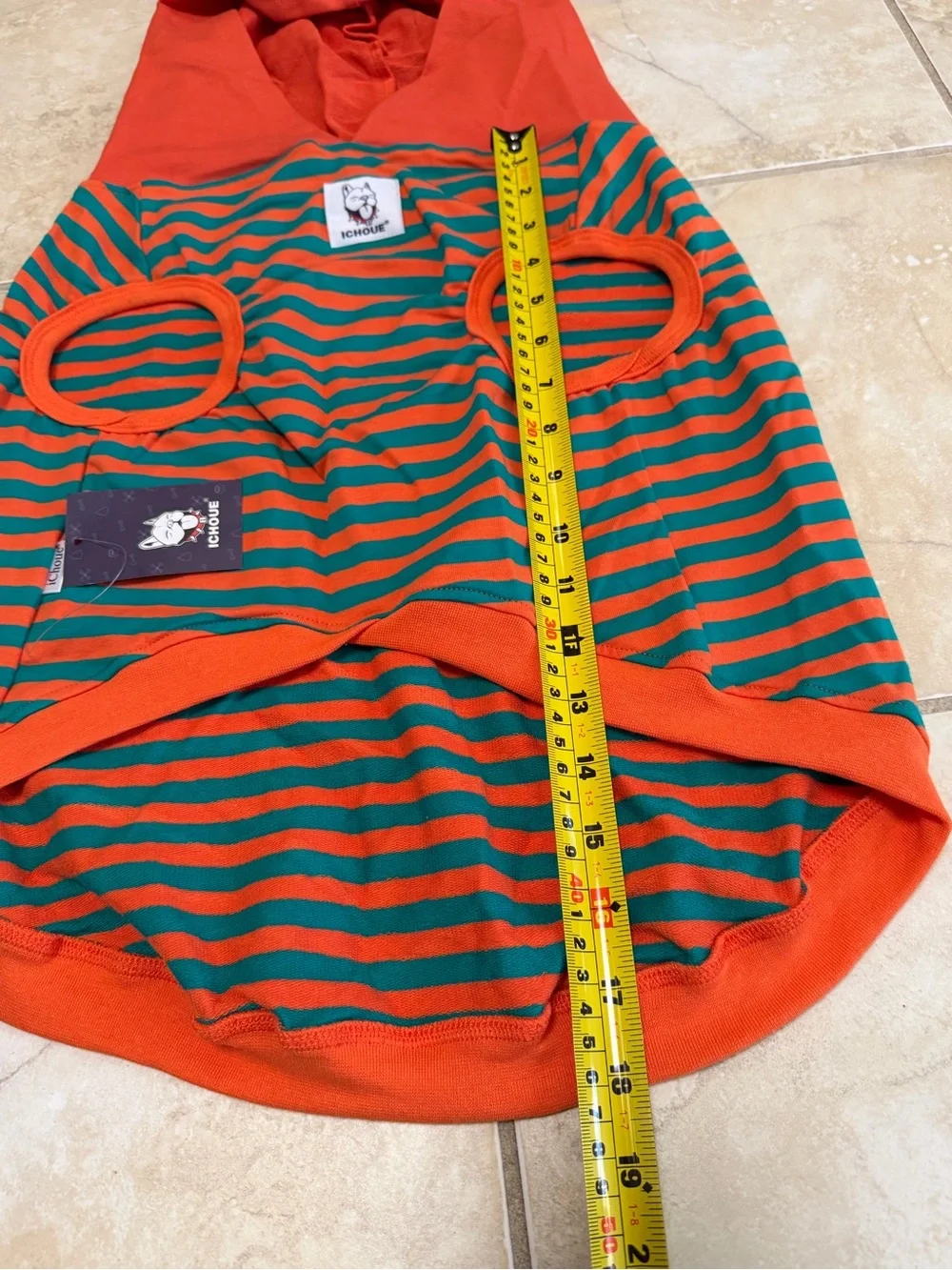 ICHOUe Dog Hoodie 2XL Orange Green Striped Hooded Pet Sweater Pom Pom NWT
